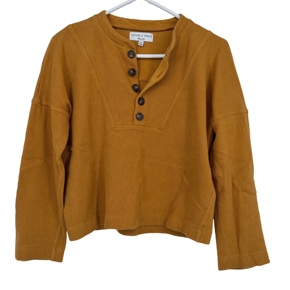 Madewell Henley Top Women XS Mustard Yellow Texture & Thread Ribbed Boho Cozy